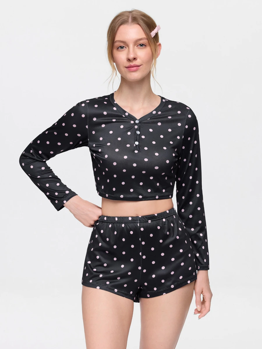 Bonmuse 2pcs Women's Round Neck Cropped Long Sleeve Top + Elastic Waist Shorts Pajama Loungewear Set