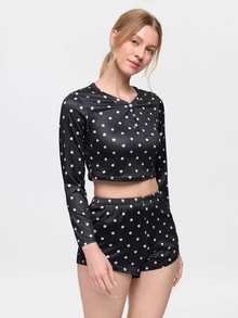 Bonmuse 2pcs Women's Round Neck Cropped Long Sleeve Top + Elastic Waist Shorts Pajama Loungewear Set - Black - View 5