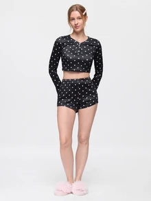 Bonmuse 2pcs Women's Round Neck Cropped Long Sleeve Top + Elastic Waist Shorts Pajama Loungewear Set - Black - View 7