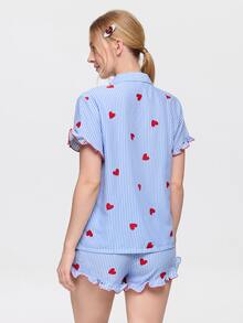 Bonmuse Bộ đồ ngủ nữ ngắn tay quần short, vải nhăn bong bóng, họa tiết sọc và trái tim, cổ bèo sen - Màu xanh lam - Xem 2