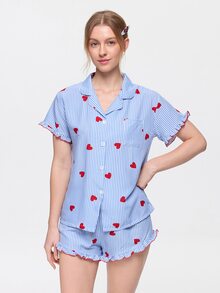 Bonmuse Bộ đồ ngủ nữ ngắn tay quần short, vải nhăn bong bóng, họa tiết sọc và trái tim, cổ bèo sen - Màu xanh lam - Xem 3