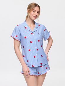 Bonmuse Bộ đồ ngủ nữ ngắn tay quần short, vải nhăn bong bóng, họa tiết sọc và trái tim, cổ bèo sen - Màu xanh lam - Xem 5
