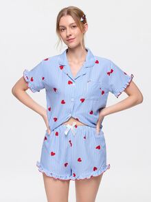 Bonmuse Bộ đồ ngủ nữ ngắn tay quần short, vải nhăn bong bóng, họa tiết sọc và trái tim, cổ bèo sen - Màu xanh lam - Xem 8