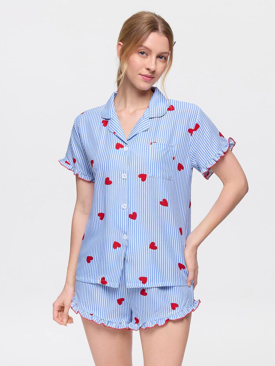 Bonmuse Bộ đồ ngủ nữ ngắn tay quần short, vải nhăn bong bóng, họa tiết sọc và trái tim, cổ bèo sen - Màu xanh lam - Xem 1