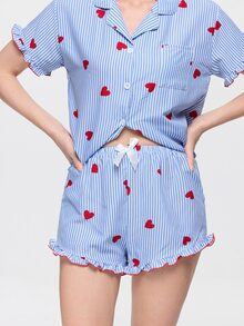 Bonmuse Bộ đồ ngủ nữ ngắn tay quần short, vải nhăn bong bóng, họa tiết sọc và trái tim, cổ bèo sen - Màu xanh lam - Xem 7