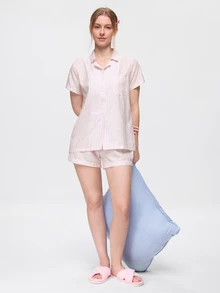 Bonmuse 女款居家休閒套裝 春夏秋條紋印花時尚休閒彈性短褲睡衣套裝 - 粉色 - 查看 5