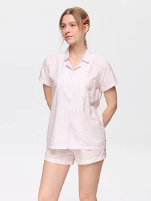 Bonmuse 女款居家休閒套裝 春夏秋條紋印花時尚休閒彈性短褲睡衣套裝 - 粉色 - 查看 3
