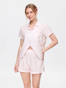 Bonmuse 女款居家休閒套裝 春夏秋條紋印花時尚休閒彈性短褲睡衣套裝 - 粉色 - 查看 8