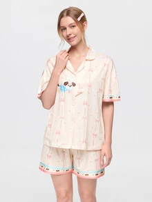 Bonmuse 2件組女款睡衣家居服套裝，開襟翻領可愛小狗與蝴蝶結印花短袖時尚休閒短褲，春夏季，易打理面料 - 香檳色 - 查看 5