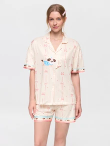 Bonmuse 2件組女款睡衣家居服套裝，開襟翻領可愛小狗與蝴蝶結印花短袖時尚休閒短褲，春夏季，易打理面料 - 香檳色 - 查看 3