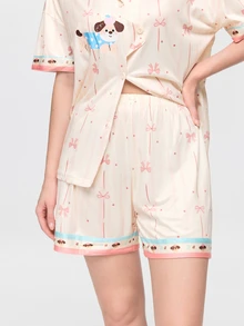 Bonmuse 2件組女款睡衣家居服套裝，開襟翻領可愛小狗與蝴蝶結印花短袖時尚休閒短褲，春夏季，易打理面料 - 香檳色 - 查看 8