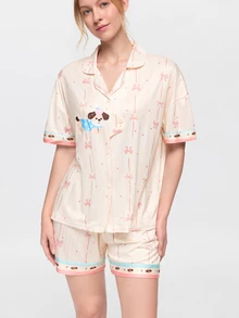 Bonmuse 2件組女款睡衣家居服套裝，開襟翻領可愛小狗與蝴蝶結印花短袖時尚休閒短褲，春夏季，易打理面料 - 香檳色 - 查看 6