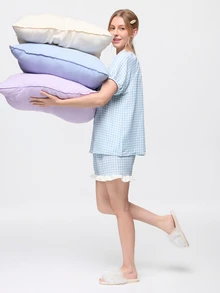 Bonmuse 2 قطعة/مجموعة ملابس بيجامة نسائية، كارديجان بطبعة حيوانية عصرية بأكمام قصيرة وتصميم حافة مكشكشة مع شورت، كاجوال بسيط، مناسب للربيع والصيف، مريح للمنزل - ازرق وابيض - مشاهدة 8