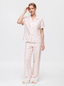 Bonmuse Bubble Crinkle Polka Dot Plaid Print Short Sleeve Long Pants Pajama Set - Pink - View 4