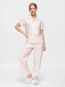 Bonmuse Bubble Crinkle Polka Dot Plaid Print Short Sleeve Long Pants Pajama Set - Pink - View 1