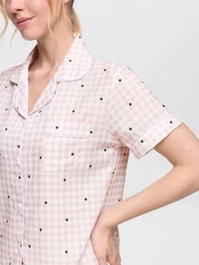 Bonmuse Bubble Crinkle Polka Dot Plaid Print Short Sleeve Long Pants Pajama Set - Pink - View 6