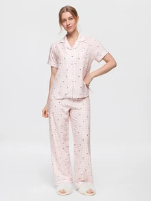 Bonmuse Bubble Crinkle Polka Dot Plaid Print Short Sleeve Long Pants Pajama Set - Pink - View 3