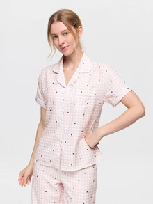 Bonmuse Bubble Crinkle Polka Dot Plaid Print Short Sleeve Long Pants Pajama Set - Pink - View 5