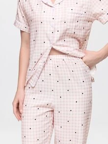 Bonmuse Bubble Crinkle Polka Dot Plaid Print Short Sleeve Long Pants Pajama Set - Pink - View 8