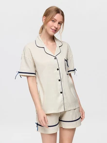 Bonmuse 2pcs/Set Women's Pajama Loungewear Set, Lapel Cardigan Vertical Striped Print With Chest Pocket And Bow Decor, Simple Short Sleeve Shorts, Suitable For Spring And Summer - Black and White - View 5
