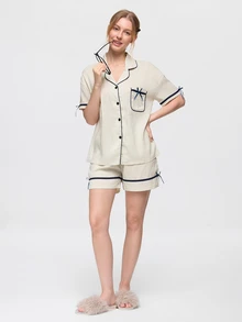 Bonmuse 2pcs/Set Women's Pajama Loungewear Set, Lapel Cardigan Vertical Striped Print With Chest Pocket And Bow Decor, Simple Short Sleeve Shorts, Suitable For Spring And Summer - Black and White - View 7
