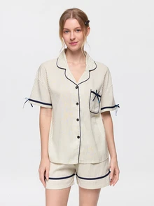 Bonmuse 2pcs/Set Women's Pajama Loungewear Set, Lapel Cardigan Vertical Striped Print With Chest Pocket And Bow Decor, Simple Short Sleeve Shorts, Suitable For Spring And Summer - Black and White - View 4