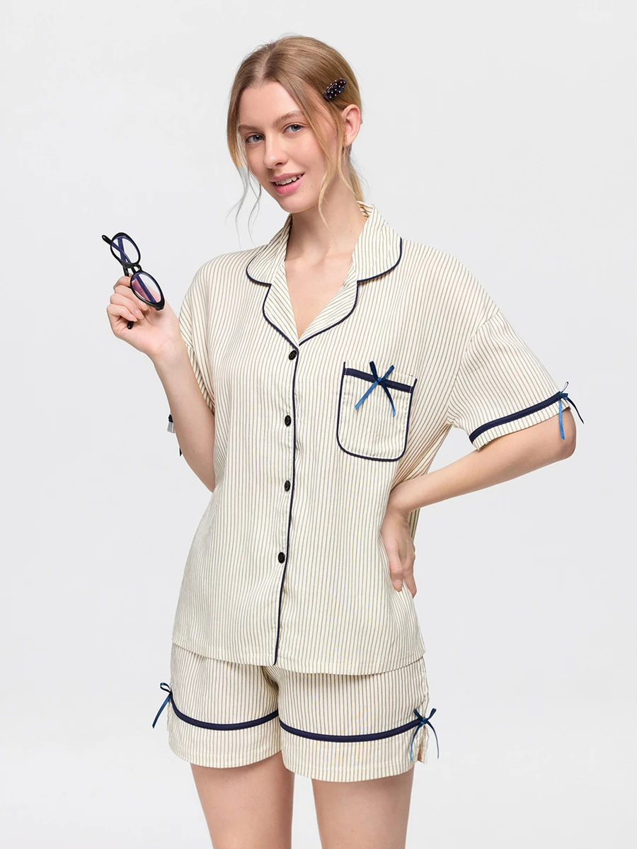 Bonmuse 2pcs/Set Women's Pajama Loungewear Set, Lapel Cardigan Vertical Striped Print With Chest Pocket And Bow Decor, Simple Short Sleeve Shorts, Suitable For Spring And Summer - Black and White - View 1