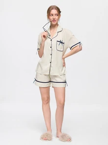 Bonmuse 2pcs/Set Women's Pajama Loungewear Set, Lapel Cardigan Vertical Striped Print With Chest Pocket And Bow Decor, Simple Short Sleeve Shorts, Suitable For Spring And Summer - Black and White - View 8