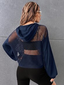 SHEIN EZwear Drop Shoulder Drawstring Mesh Hoodie Without Cami Top In Fall/Winter - Navy Blue - View 2