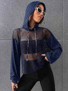 SHEIN EZwear Drop Shoulder Drawstring Mesh Hoodie Without Cami Top In Fall/Winter - Navy Blue - View 5
