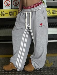 PAVTROS Men's Gray Streetwear Sweatpants For Summer Holiday,Featuring Pattern Print Patchwork Plaid Double Waistband Design,Ideal For Casual Daily Outings - Light Grey - View 3