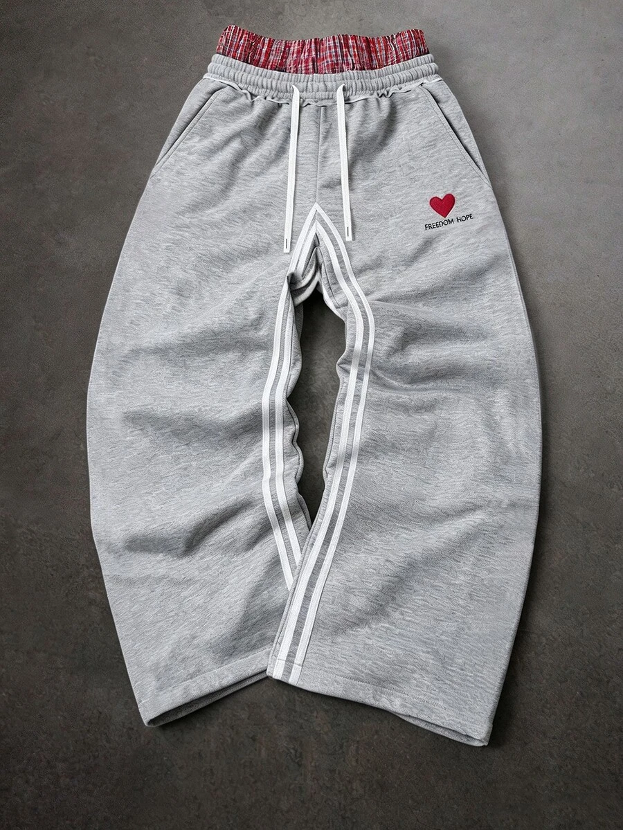PAVTROS Men's Gray Streetwear Sweatpants For Summer Holiday,Featuring Pattern Print Patchwork Plaid Double Waistband Design,Ideal For Casual Daily Outings - Light Grey - View 1