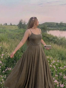 SHEIN MOD 大尺碼女款橄欖綠長洋裝附腰帶，度假波希米亞風 1950 年代復古優雅 1920 年代太陽裙 西部風 生日派對雞尾酒會夏季穿搭 - 咖啡棕 - 查看 3