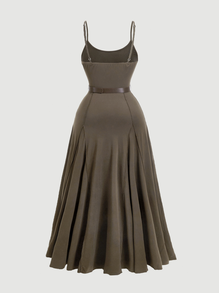 SHEIN MOD Plus Size Women Brown Long Dress With Belt Extra Holiday Outfits Boho 1950s Vintage Elegant 1920s Sundress Western Birthday Party Cocktail Summer - Coffee Brown - View 2