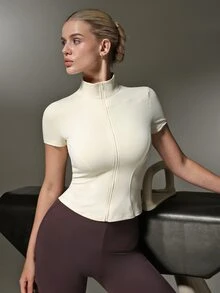 Nuvra Women's Cream Solid Color Slim Fit Short Sleeve Stand Collar Curved Hem Sports T-Shirt For Outdoor Exercise Gym Summer Modest Athletic - Brown - View 3