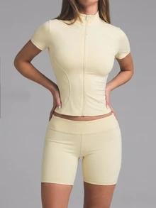 Nuvra Women's Cream Solid Color Slim Fit Short Sleeve Stand Collar Curved Hem Sports T-Shirt For Outdoor Exercise Gym Summer Modest Athletic - Brown - View 12