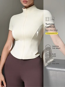 Nuvra Women's Cream Solid Color Slim Fit Short Sleeve Stand Collar Curved Hem Sports T-Shirt For Outdoor Exercise Gym Summer Modest Athletic - Brown - View 10