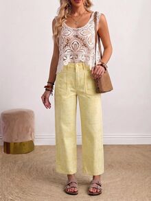 EMERY ROSE Plus Size Fashion Vacation Button Waist Paisley Print Pocket Denim Cropped Pants - Yellow - View 5