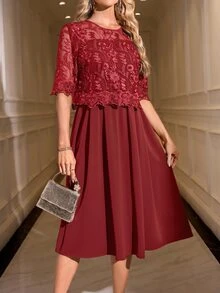 SHEIN Clasi 女款蕾絲優雅圓領短袖優雅洋裝 - 酒紅色 - 查看 3
