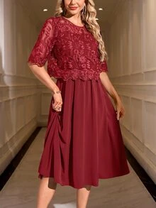 SHEIN Clasi 女款蕾絲優雅圓領短袖優雅洋裝 - 酒紅色 - 查看 8