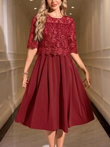 SHEIN Clasi 女款蕾絲優雅圓領短袖優雅洋裝 - 酒紅色 - 查看 7