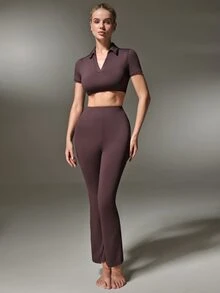 Nuvra Women's 2 Pieces Sports Set, Brown Shirt Collar Short Sleeve Cropped T-Shirt And V-Waist Ruched Flared Leggings For Workout And Casual Wear - Brown - View 4