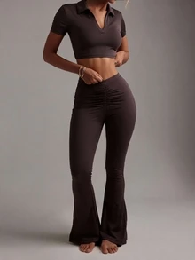 Nuvra Women's 2 Pieces Sports Set, Brown Shirt Collar Short Sleeve Cropped T-Shirt And V-Waist Ruched Flared Leggings For Workout And Casual Wear - Brown - View 11