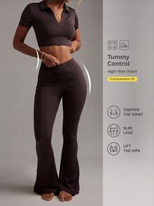 Nuvra Women's 2 Pieces Sports Set, Brown Shirt Collar Short Sleeve Cropped T-Shirt And V-Waist Ruched Flared Leggings For Workout And Casual Wear - Brown - View 1