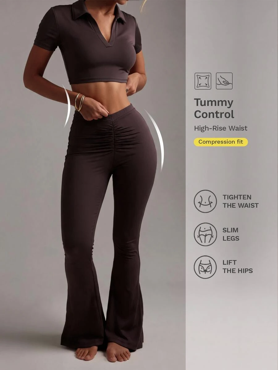 Nuvra Women's 2 Pieces Sports Set, Brown Shirt Collar Short Sleeve Cropped T-Shirt And V-Waist Ruched Flared Leggings For Workout And Casual Wear - Brown - View 1