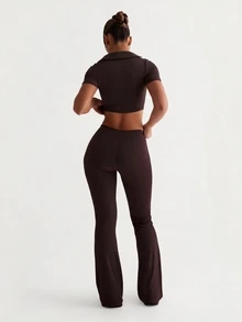 Nuvra Women's 2 Pieces Sports Set, Brown Shirt Collar Short Sleeve Cropped T-Shirt And V-Waist Ruched Flared Leggings For Workout And Casual Wear - Brown - View 7