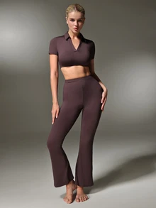 Nuvra Women's 2 Pieces Sports Set, Brown Shirt Collar Short Sleeve Cropped T-Shirt And V-Waist Ruched Flared Leggings For Workout And Casual Wear - Brown - View 6
