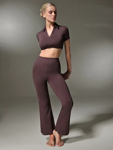 Nuvra Women's 2 Pieces Sports Set, Brown Shirt Collar Short Sleeve Cropped T-Shirt And V-Waist Ruched Flared Leggings For Workout And Casual Wear - Brown - View 5