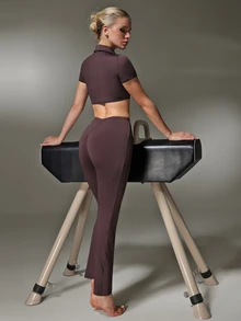 Nuvra Women's 2 Pieces Sports Set, Brown Shirt Collar Short Sleeve Cropped T-Shirt And V-Waist Ruched Flared Leggings For Workout And Casual Wear - Brown - View 3