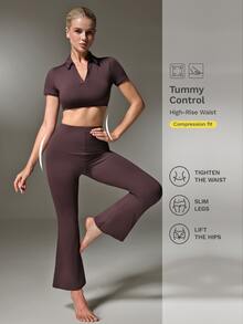 Nuvra Women's 2 Pieces Sports Set, Brown Shirt Collar Short Sleeve Cropped T-Shirt And V-Waist Ruched Flared Leggings For Workout And Casual Wear - Brown - View 9